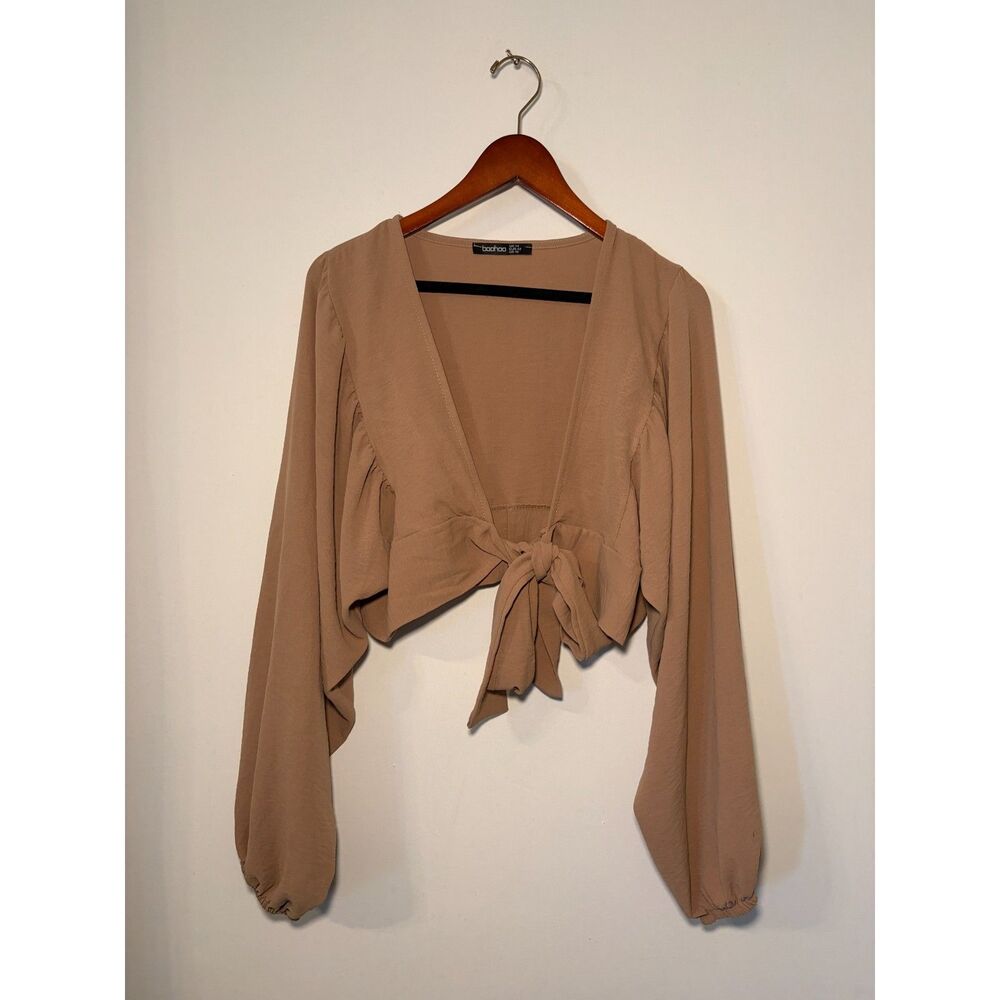 Tan Tie-Front Long Sleeve Crop Top